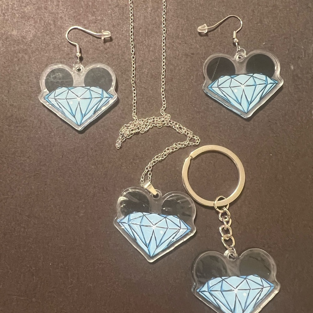 Mickey 4pc Set Blue Diamond Heart Jewelry NEW!